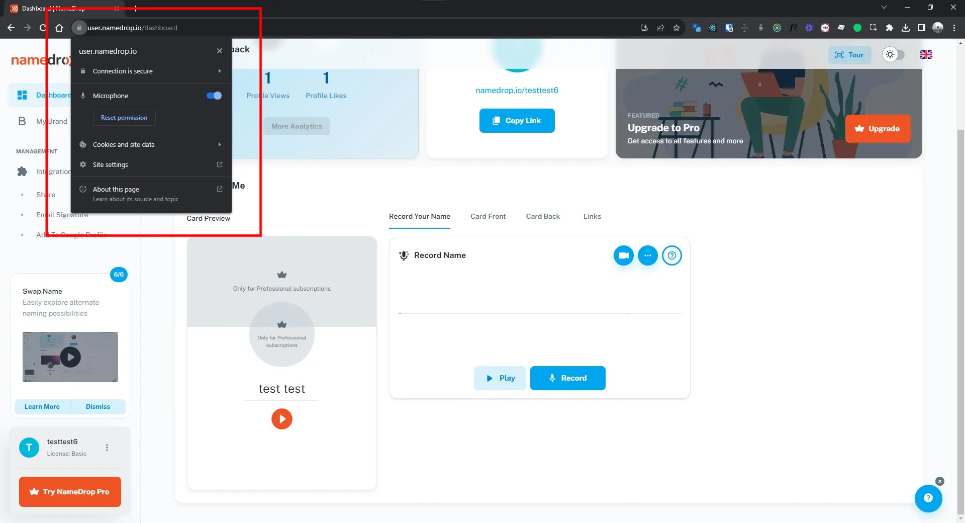 Firefox browser URL bar showing the microphone permission icon and a permission prompt for namedrop.io