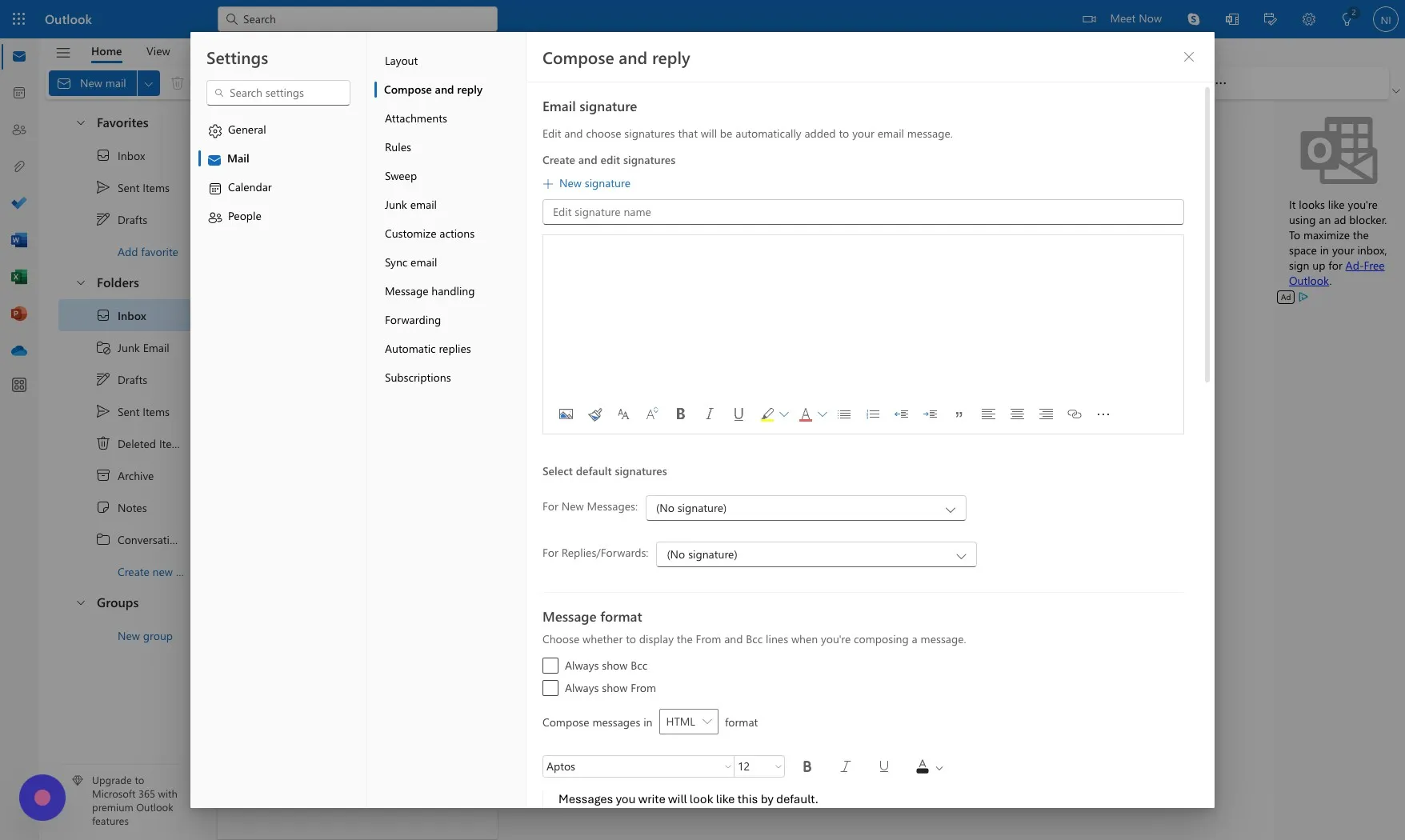 Edit signature name field in the Outlook Compose and reply settings