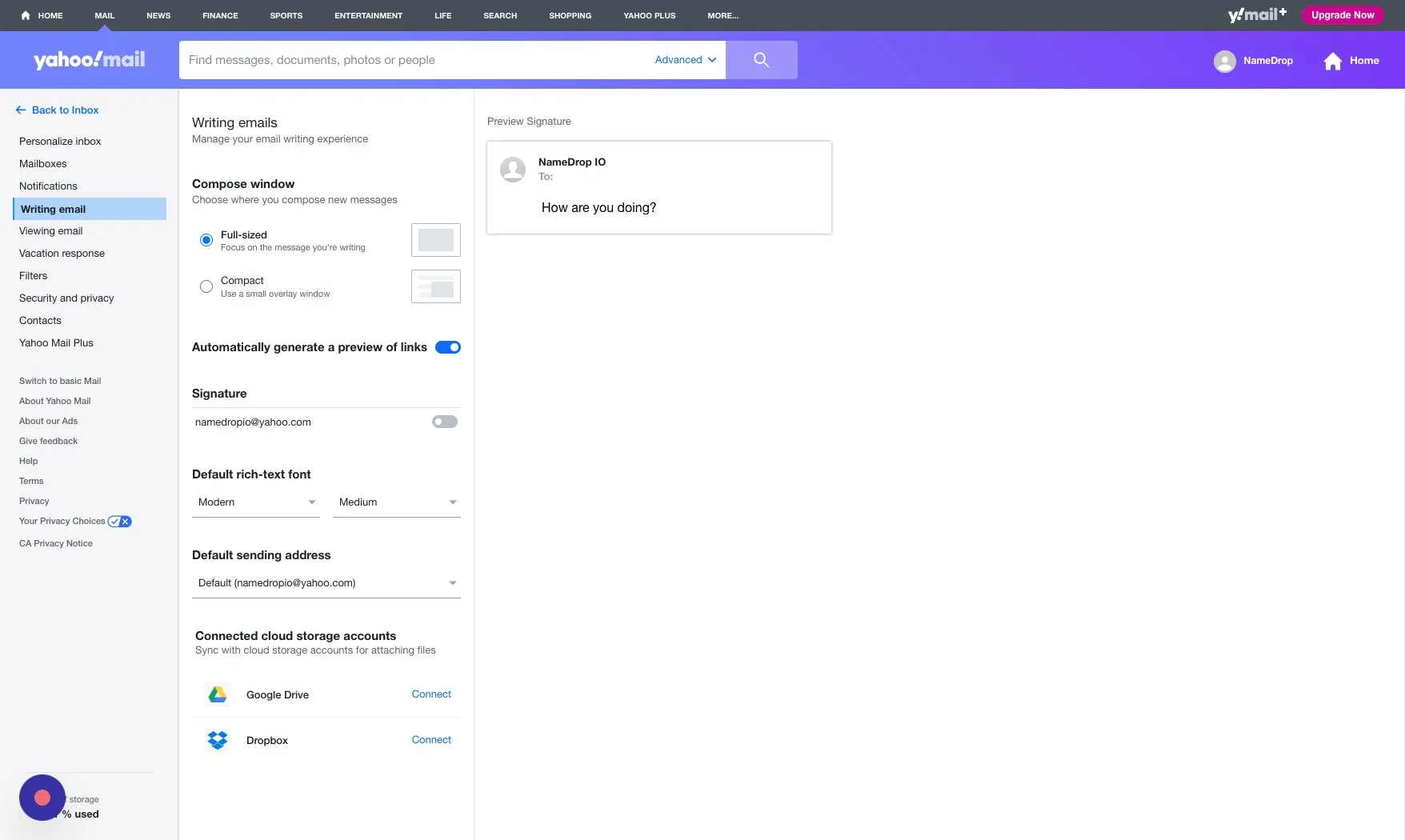 Toggle switch to enable email signatures in Yahoo Mail writing settings